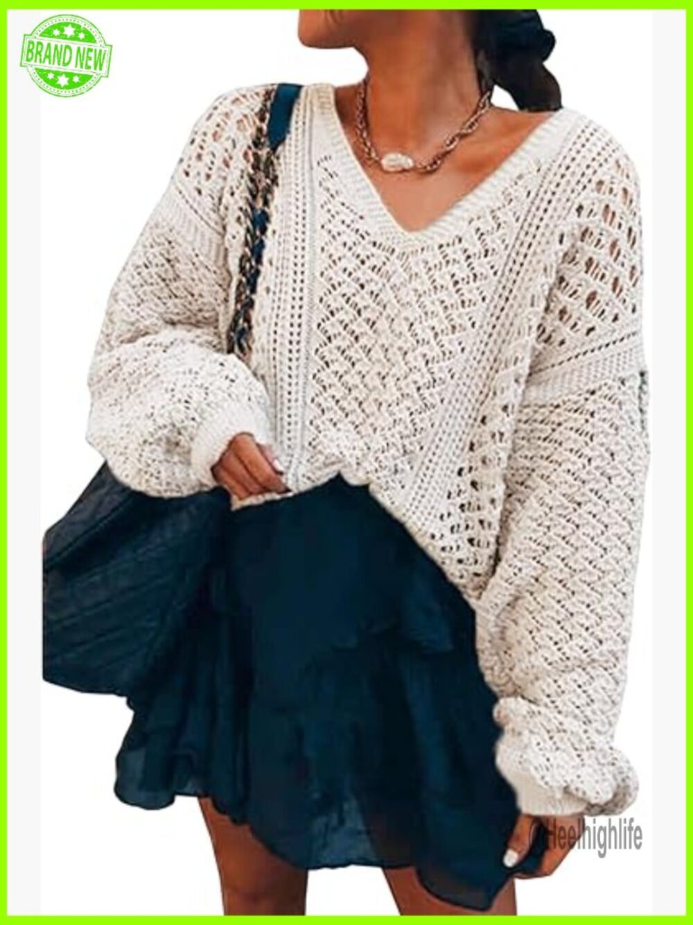 Oversized V-Neck Crochet Sweater Batwing Sleeve Pullover Loose Fit